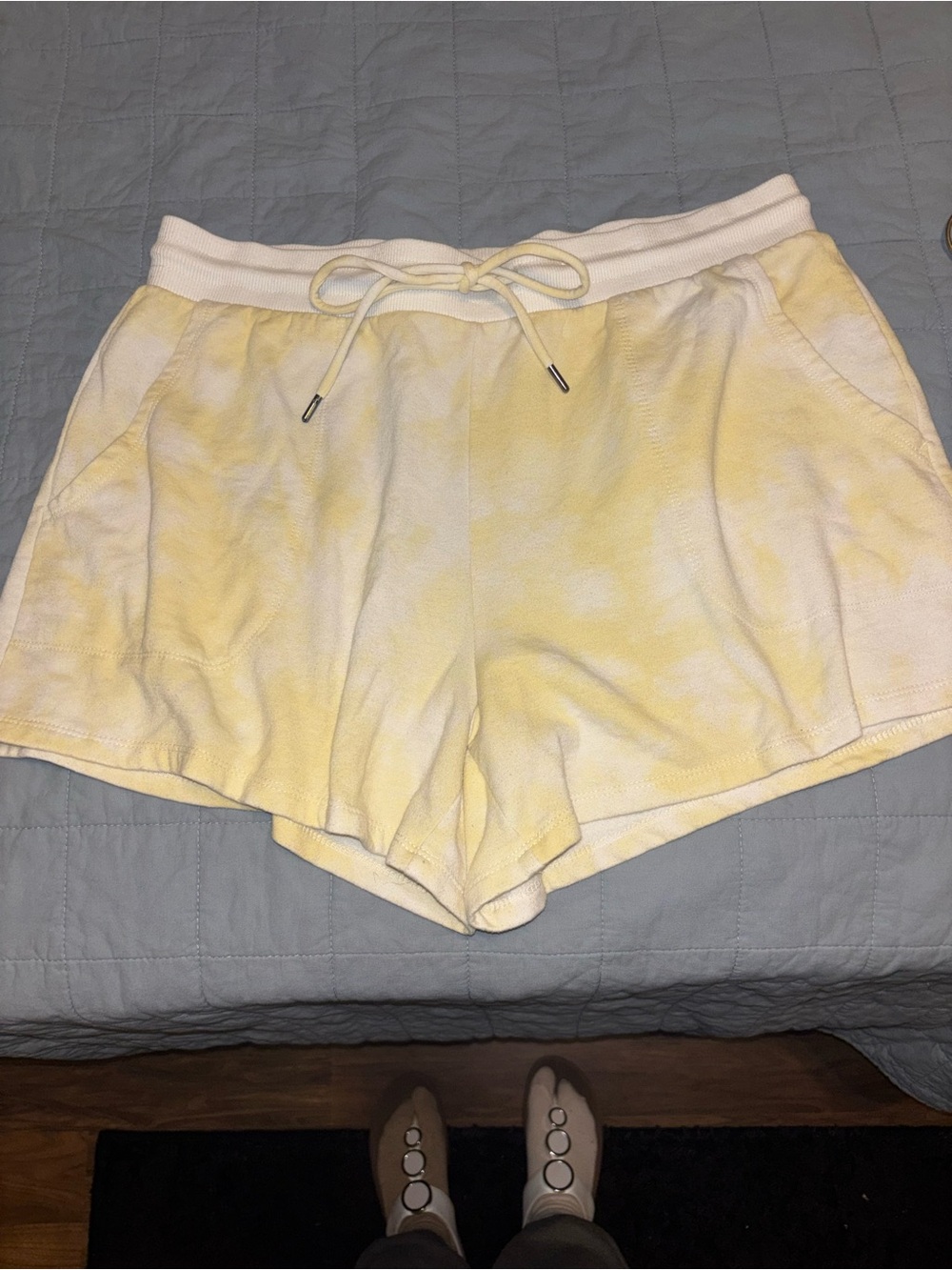 stars above White and Yellow Tie-Dye Athletic Drawstring Shorts